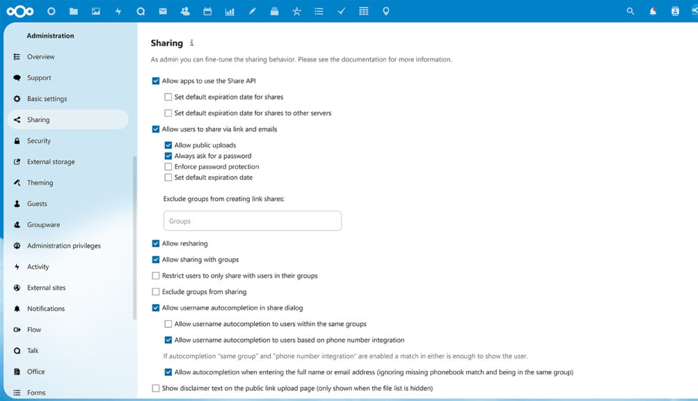 Nextcloud Hub 4 admin sharing settings