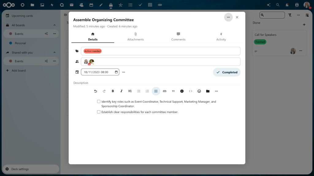 Nextcloud Deck card with Completed button  - Nextcloud Hub 7