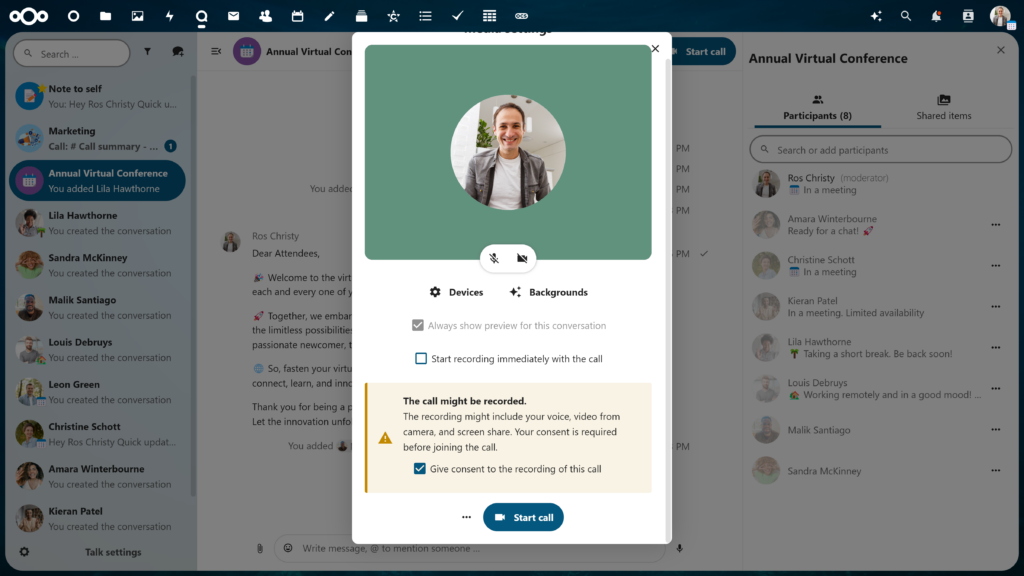 Nextcloud Talk: Recording consent