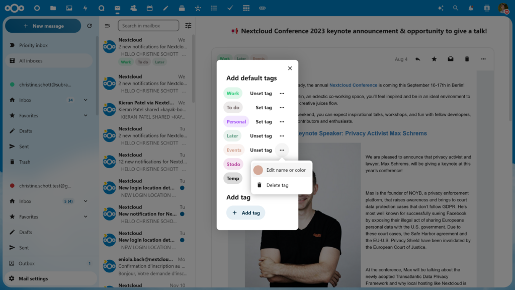 Nextcloud Mail tags management  - Nextcloud Hub 7