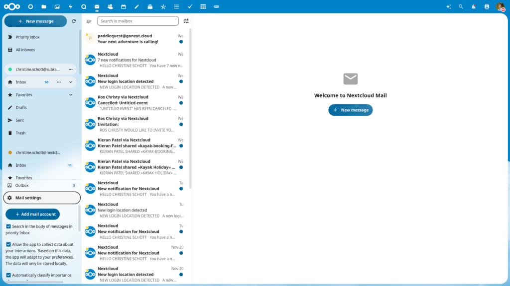 Nextcloud Mail - paramètres de recherche