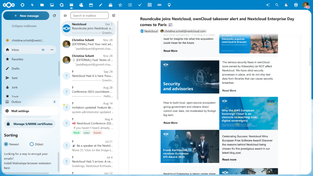 Nextcloud Mail - Options de tri