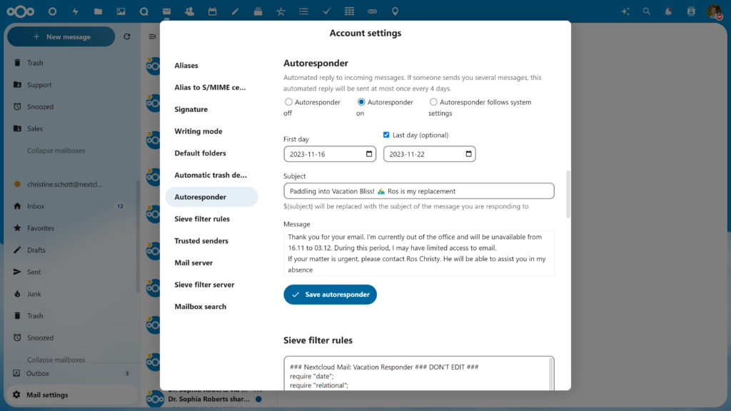 Out of office mail autoresponder Nextcloud