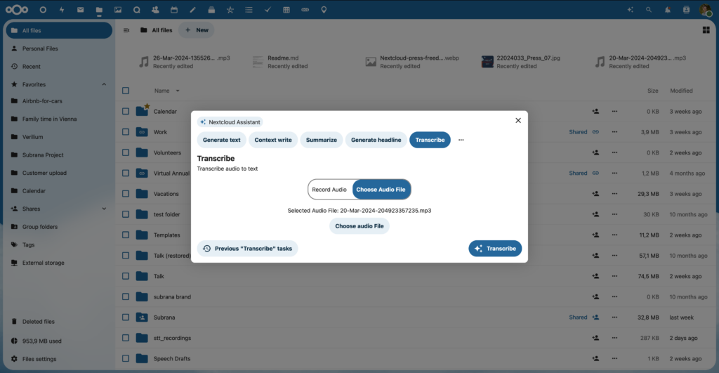 Selecting a audio file as input in the Nextcloud AI Assistant