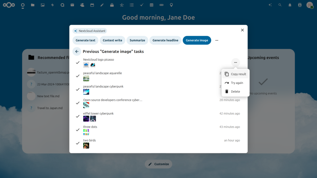 Nextcloud AI Assistant task history screenshot