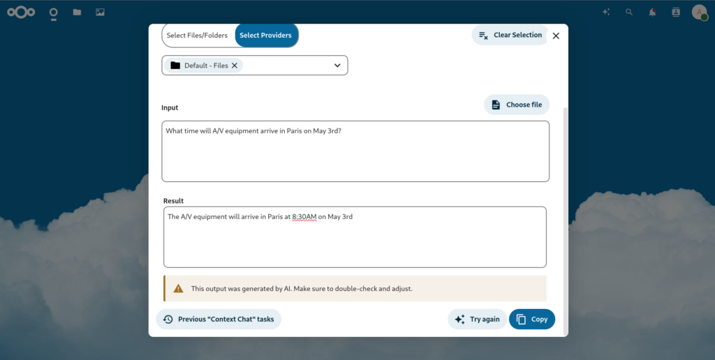 Screenshot that shows the results of the second prompt in the Nextcloud AI Assistant