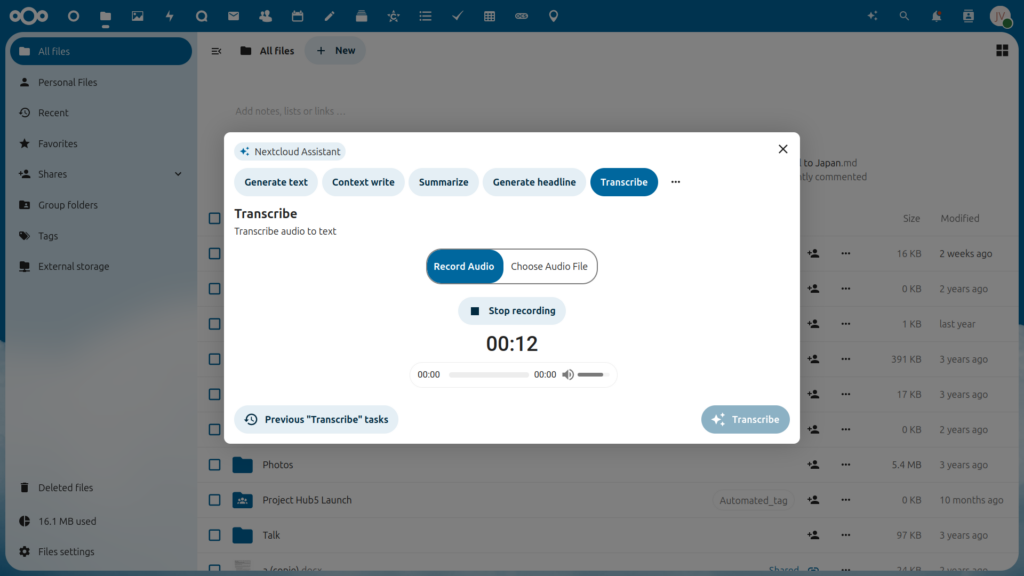 Nextcloud AI Assistant offering speech to text