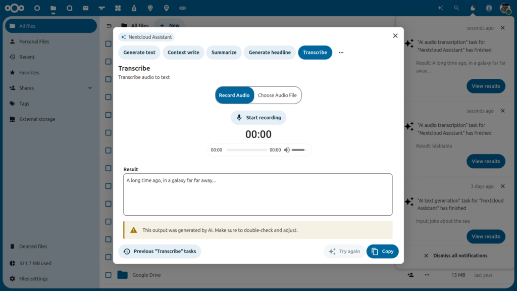 Nextcloud AI Assistant showing results of a speech to text operation
