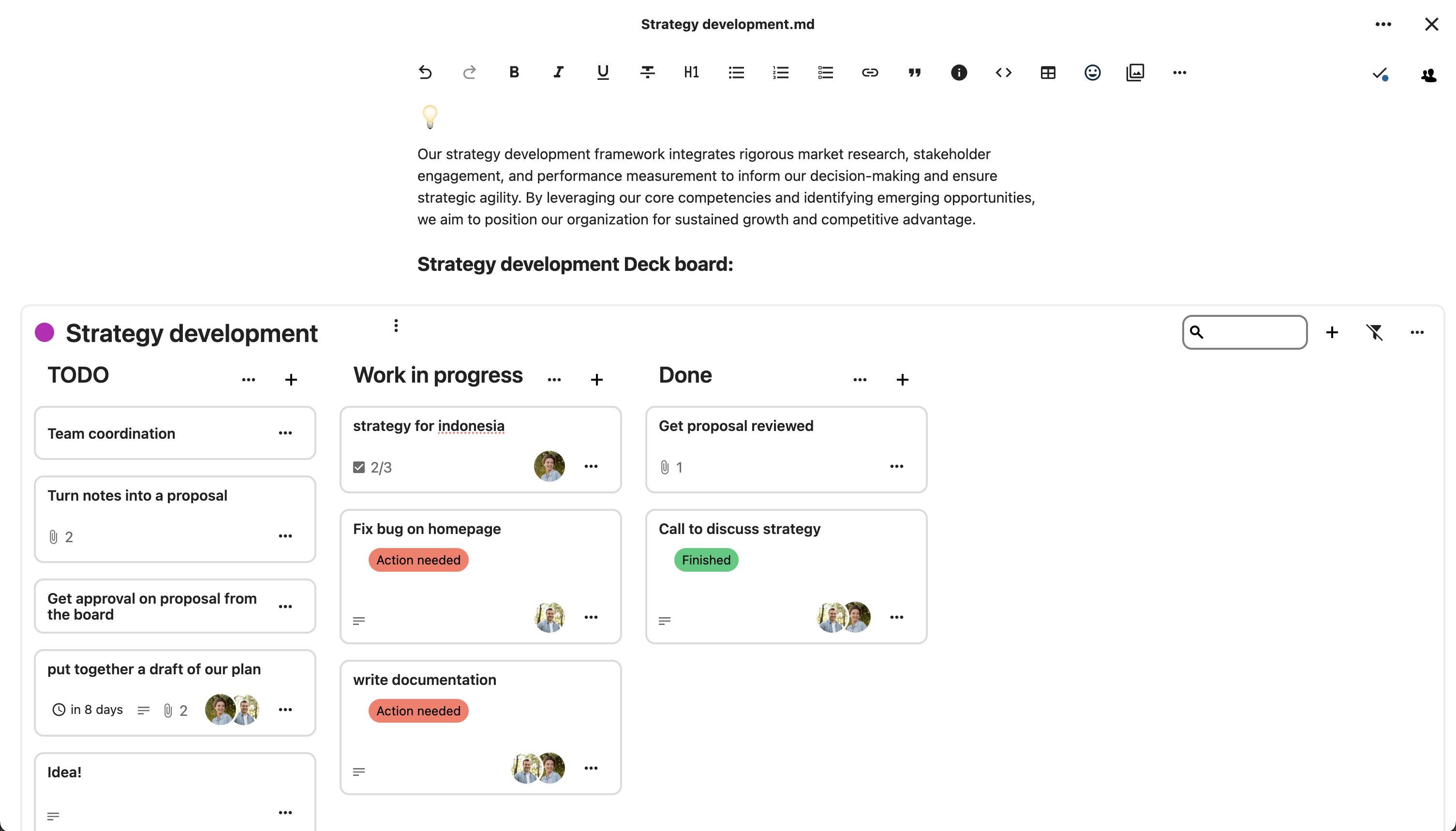 Nextcloud interactive Deck widget in Text