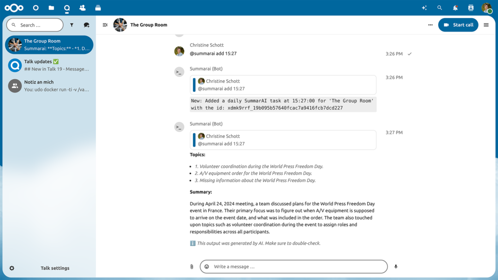 Nextcloud Assistant AI Talk summary