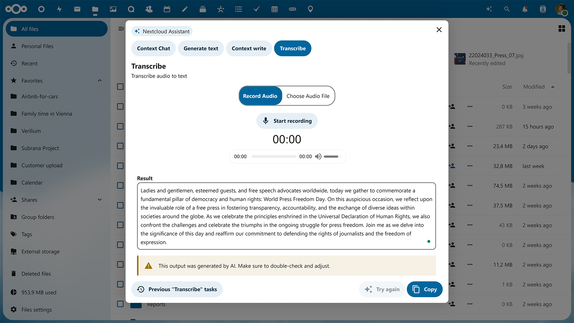 Résultats de transcriptions par l'Assistant Nextcloud