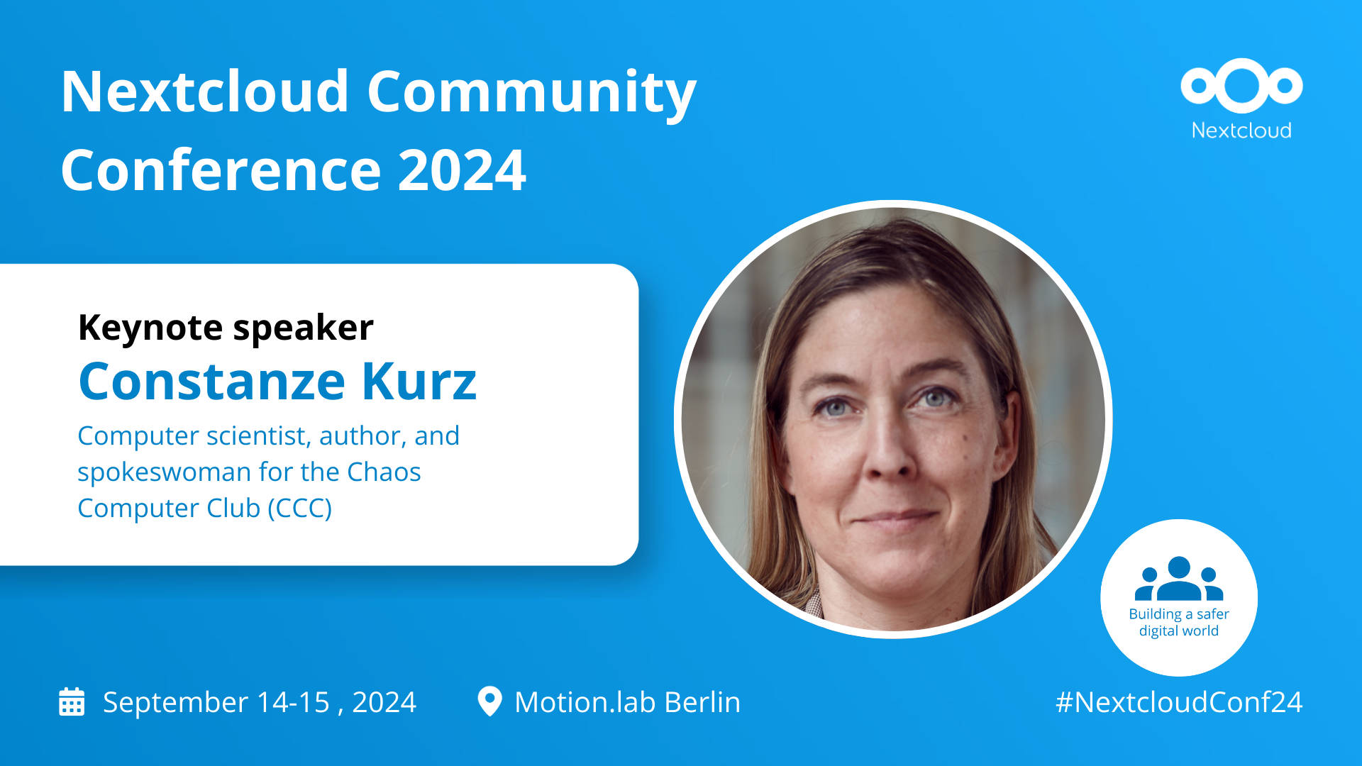 Nextcloud Community Conference speaker Constanze Kurz with logo