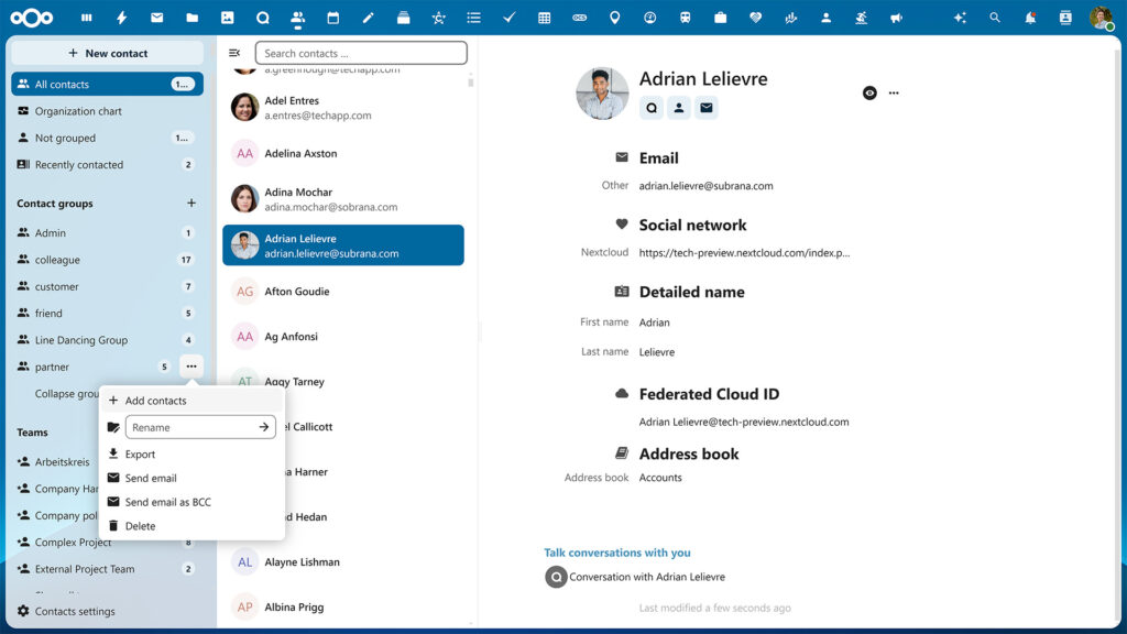 Nextcloud Groupware Contacts in Hub 9