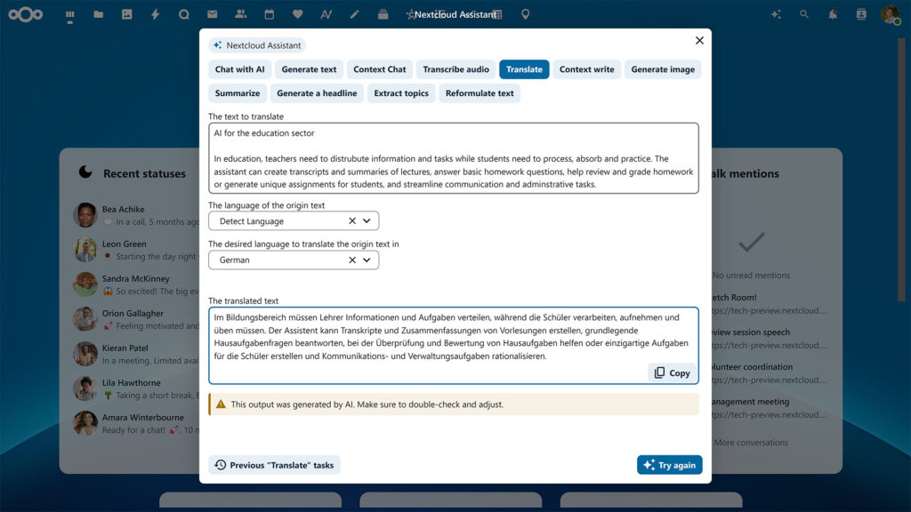 Translate with Nextcloud Assistant