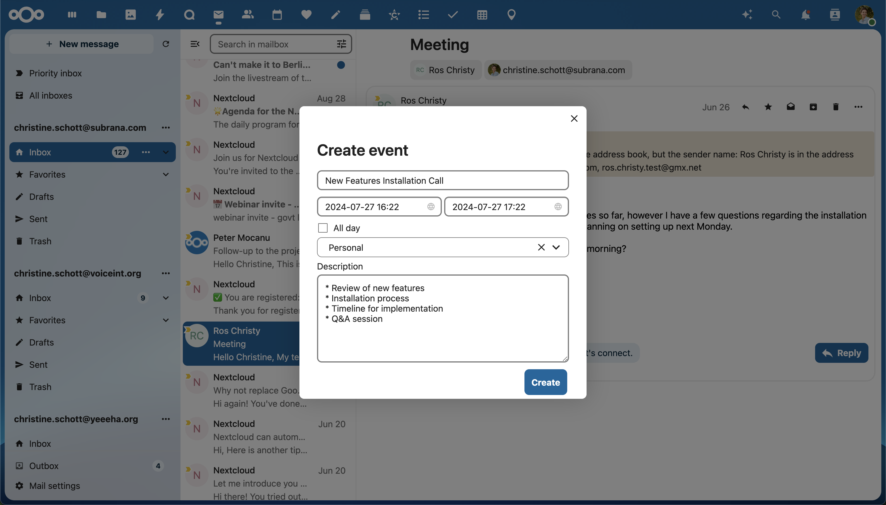 Nextcloud Mail create event with AI