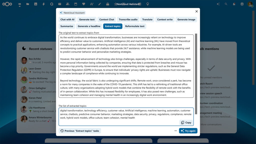 Nextcloud Assistant Hub 9 extract topics app