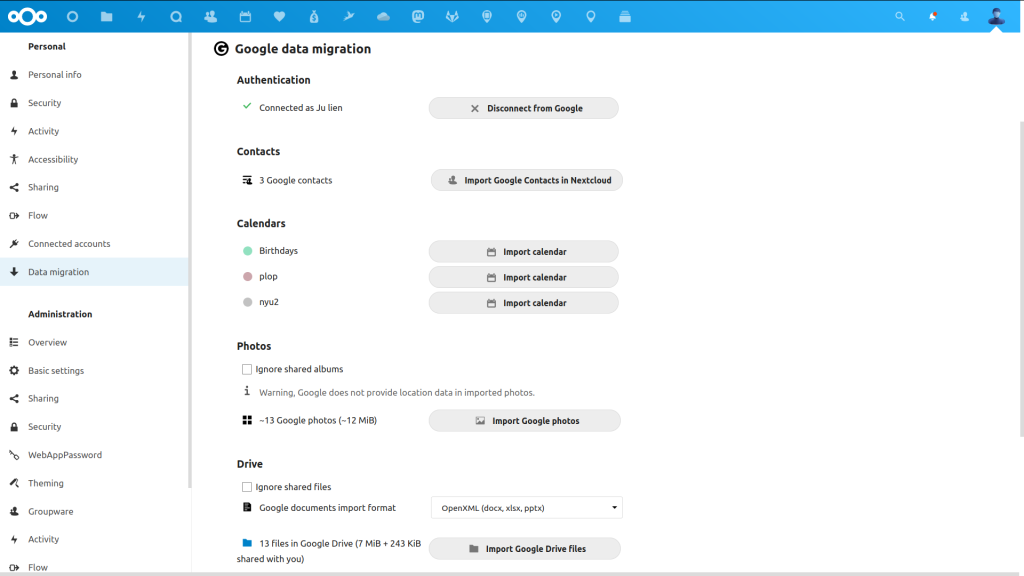 Google migration settings screenshot