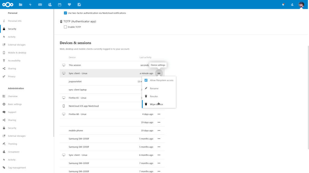 Remote wipe as a user, per device