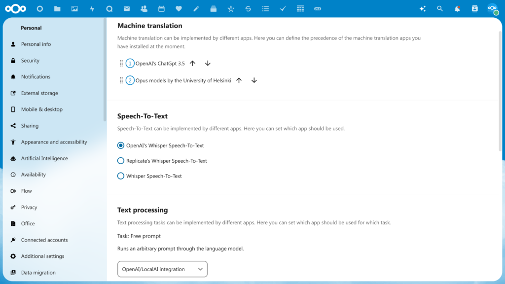 screenshot showing the choice of AI in Nextcloud