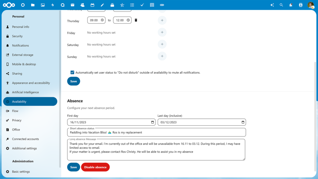 Out of office autoresponder settings Nextcloud  - Nextcloud Hub 7